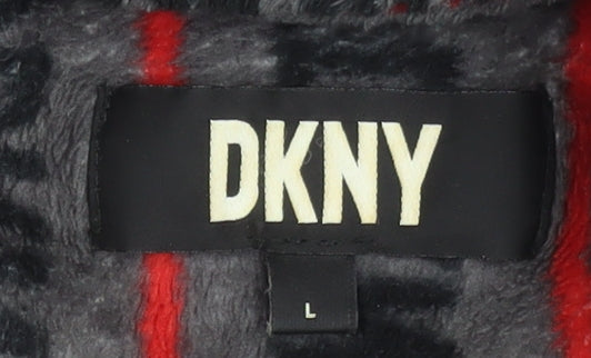 DKNY Men's Grey Black Red Fleece Robe L Belted Lightweight Striped