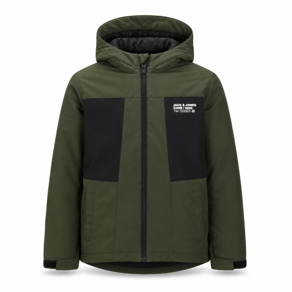 Front view of Jack & Jones boys’ green colourblock hooded puffer jacket 8 years