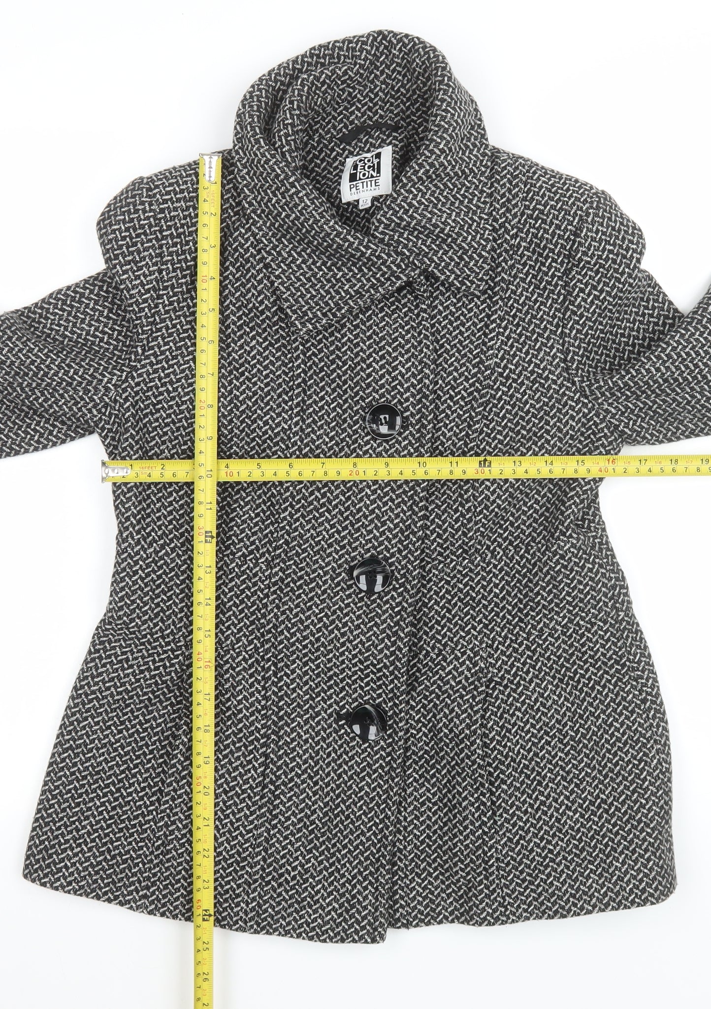 Debenhams Women Grey Wool Blend Tweed Overcoat Size 12 Petite