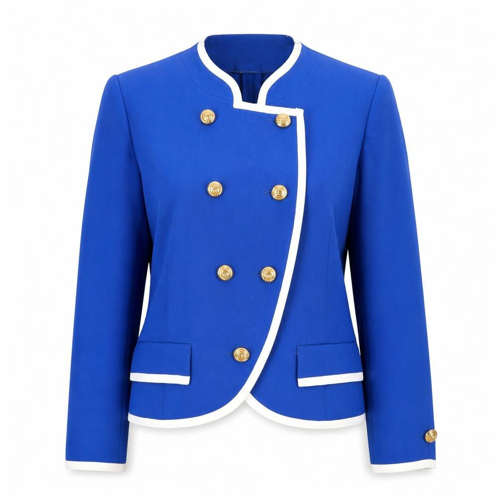 Front view of Lady F Women's Blue Double-Breasted Suit Jacket, size 14