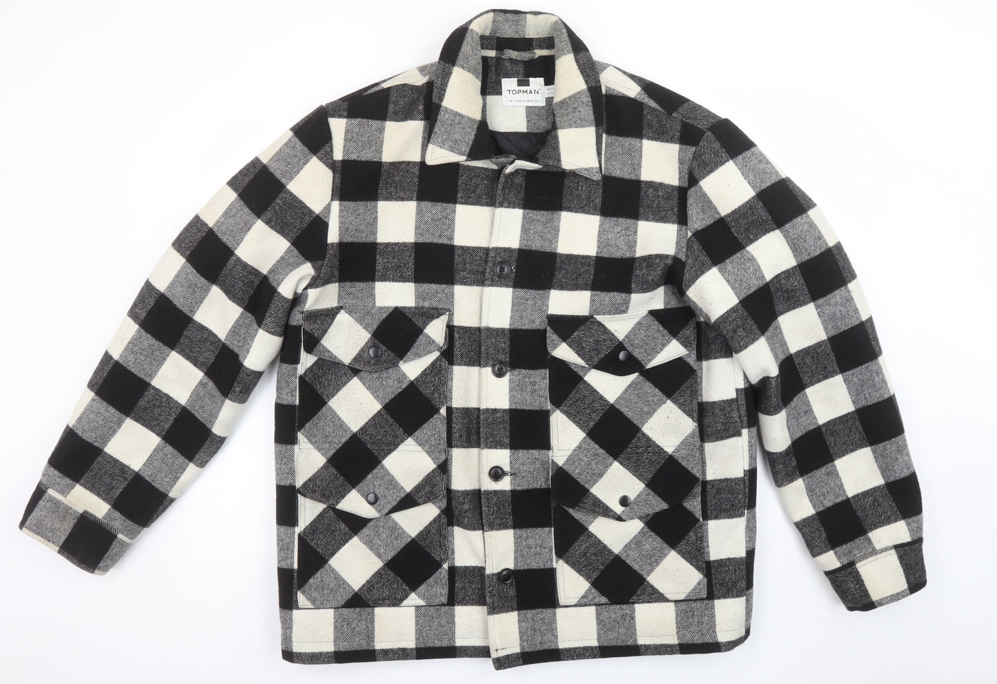 Topman Men's Black Check Wool Flannel Shacket Jacket Size L