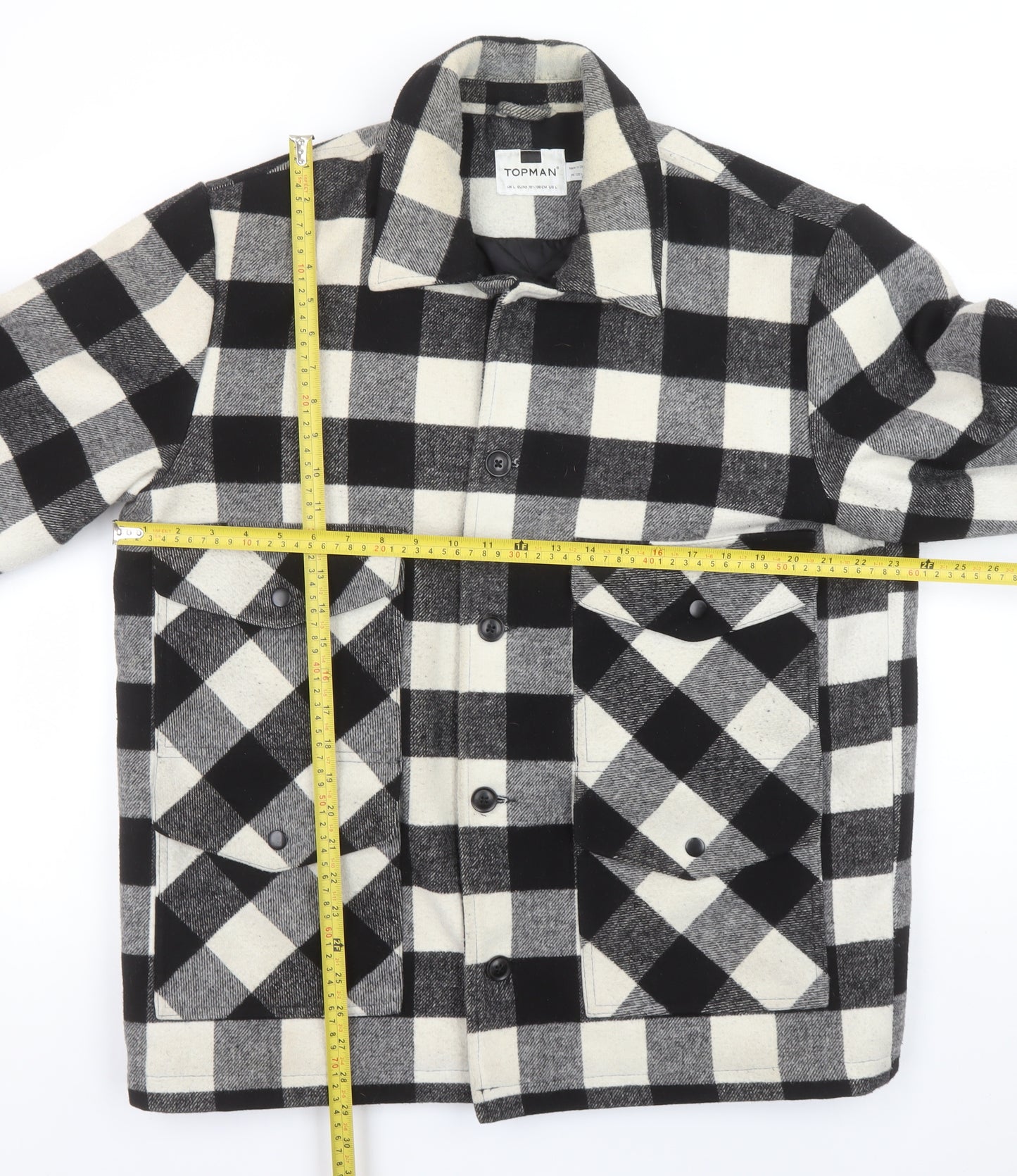 Topman Men's Black Check Wool Flannel Shacket Jacket Size L