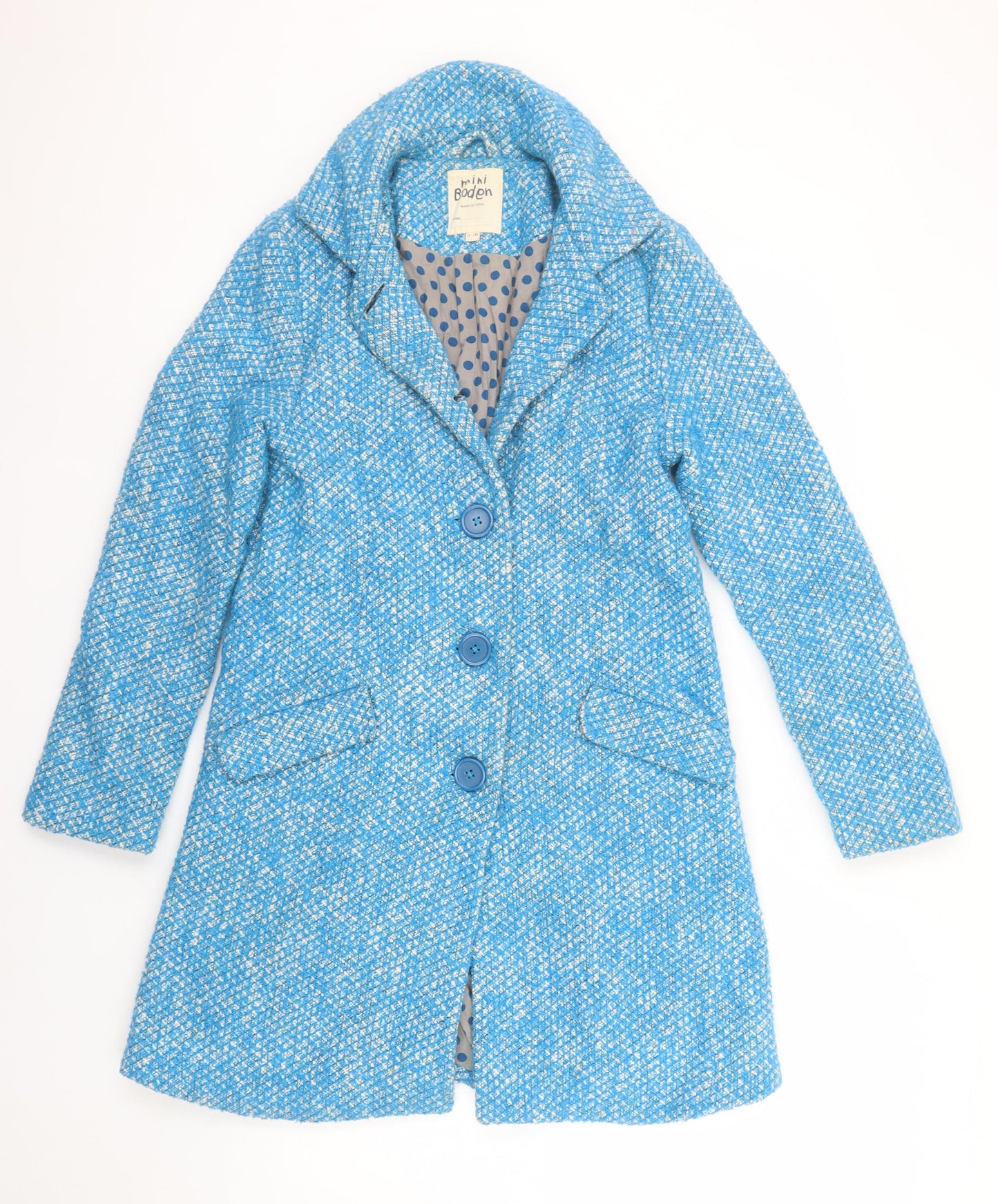 Mini Boden Girls Blue Check Wool Blend Mid-Length Coat 13-14 Years