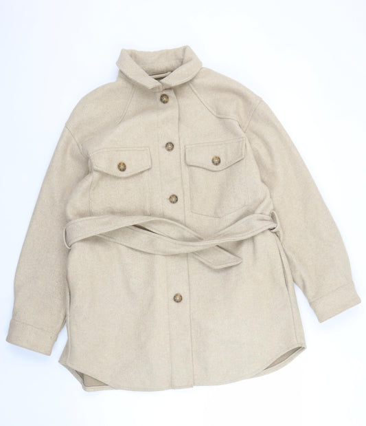 ZARA Women Beige Wool Blend Belted Casual Jacket Size 12