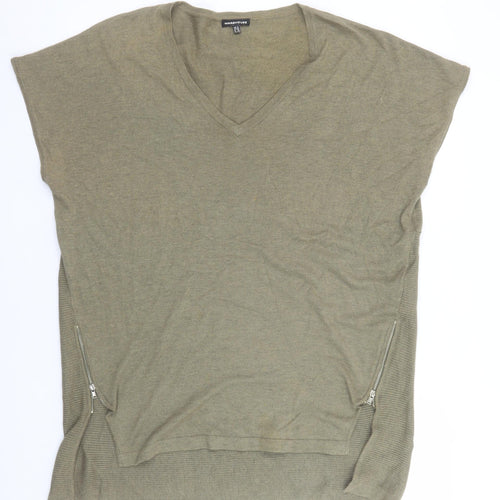 Warehouse Women’s Green Relaxed V-Neck Knit Top Size 12 with Zip Detail