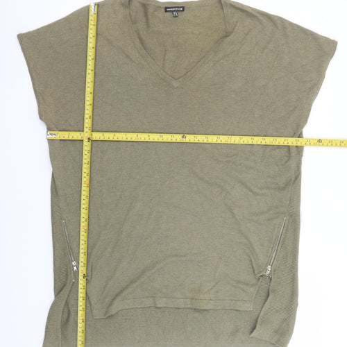 Warehouse Women’s Green Relaxed V-Neck Knit Top Size 12 with Zip Detail