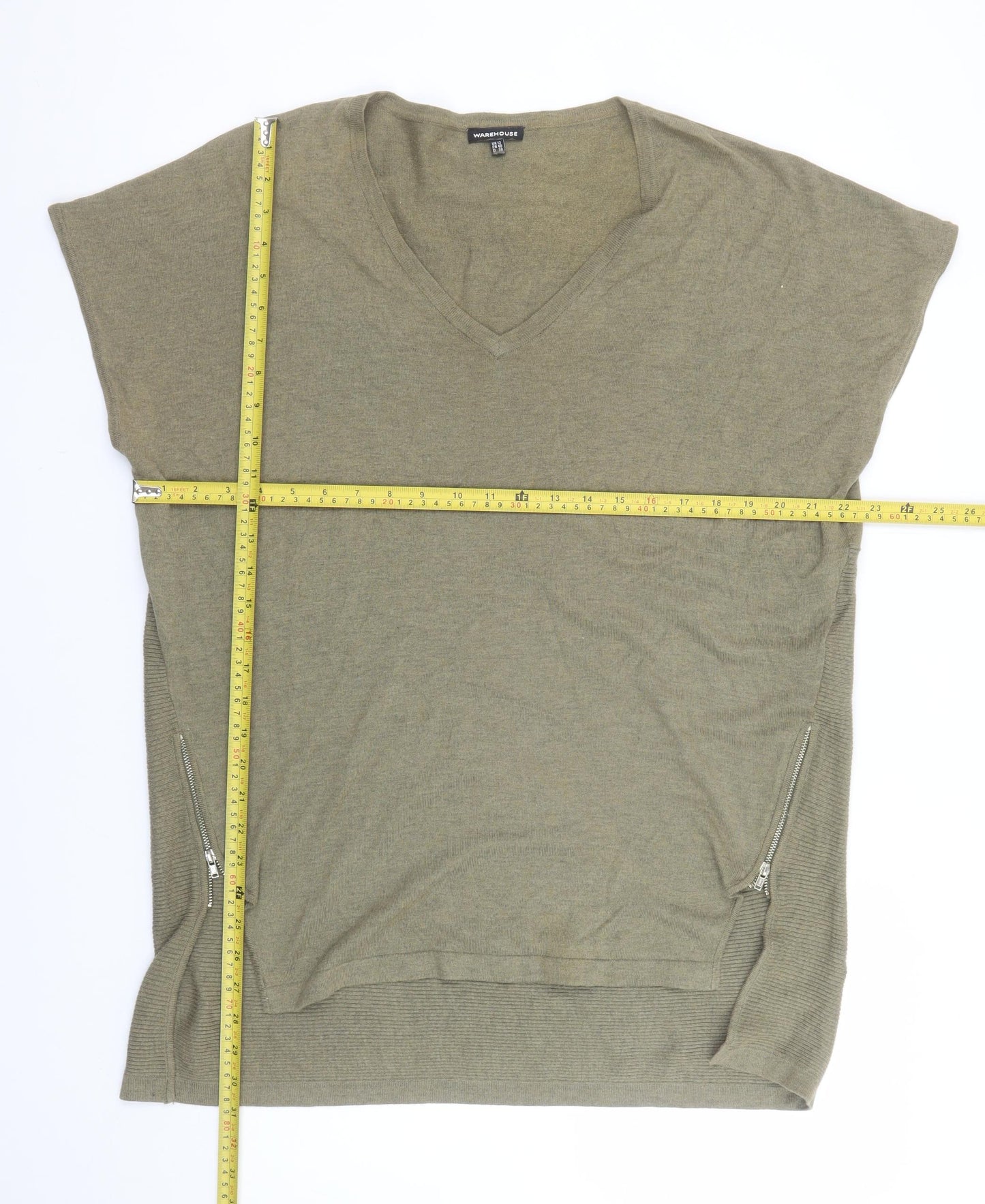 Warehouse Women’s Green Relaxed V-Neck Knit Top Size 12 with Zip Detail