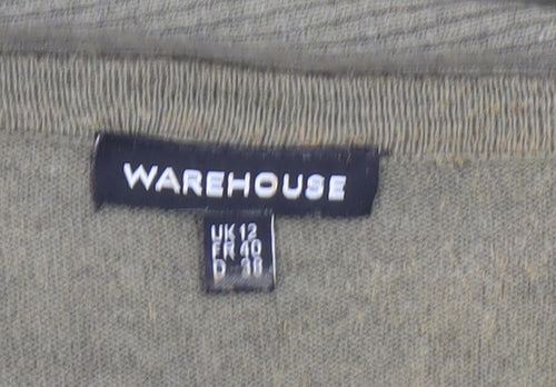Warehouse Women’s Green Relaxed V-Neck Knit Top Size 12 with Zip Detail