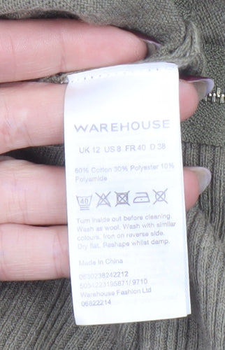 Warehouse Women’s Green Relaxed V-Neck Knit Top Size 12 with Zip Detail