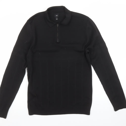 River Island Men's Black Long Sleeve 1/4 Zip Polo Shirt Size M