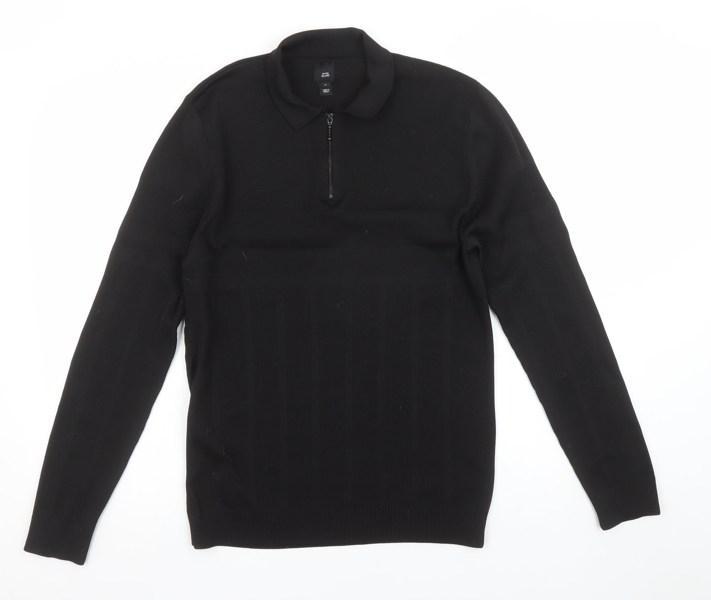River Island Men's Black Long Sleeve 1/4 Zip Polo Shirt Size M