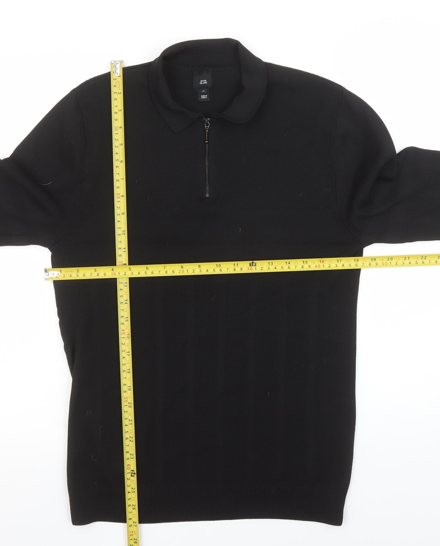 River Island Men's Black Long Sleeve 1/4 Zip Polo Shirt Size M