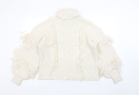 River Island Women Ivory Fringe Roll Neck Chunky Knit Jumper Size S