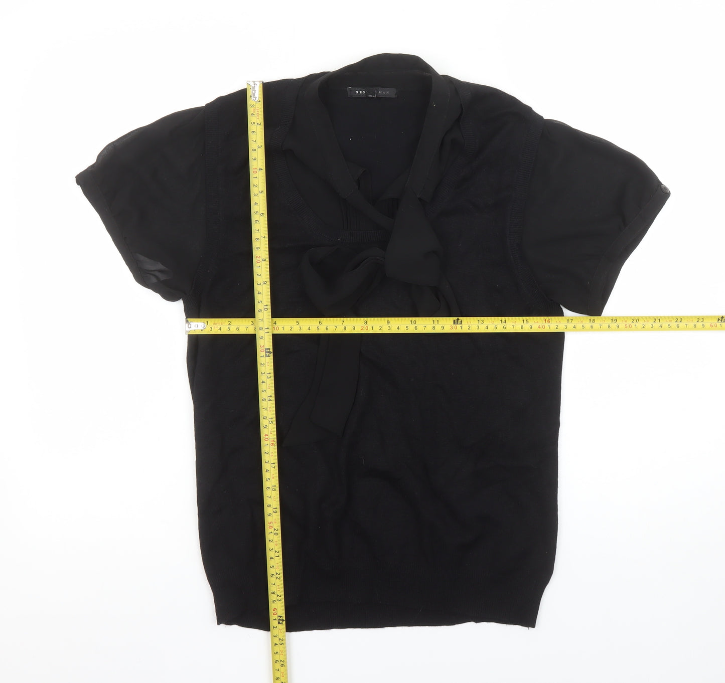 Next Women Black Short Sleeve Bow Collar Blouse Size 18