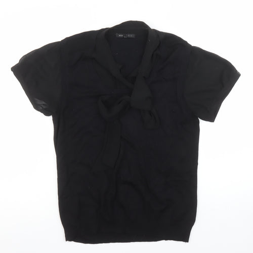 Next Women Black Short Sleeve Bow Collar Blouse Size 18