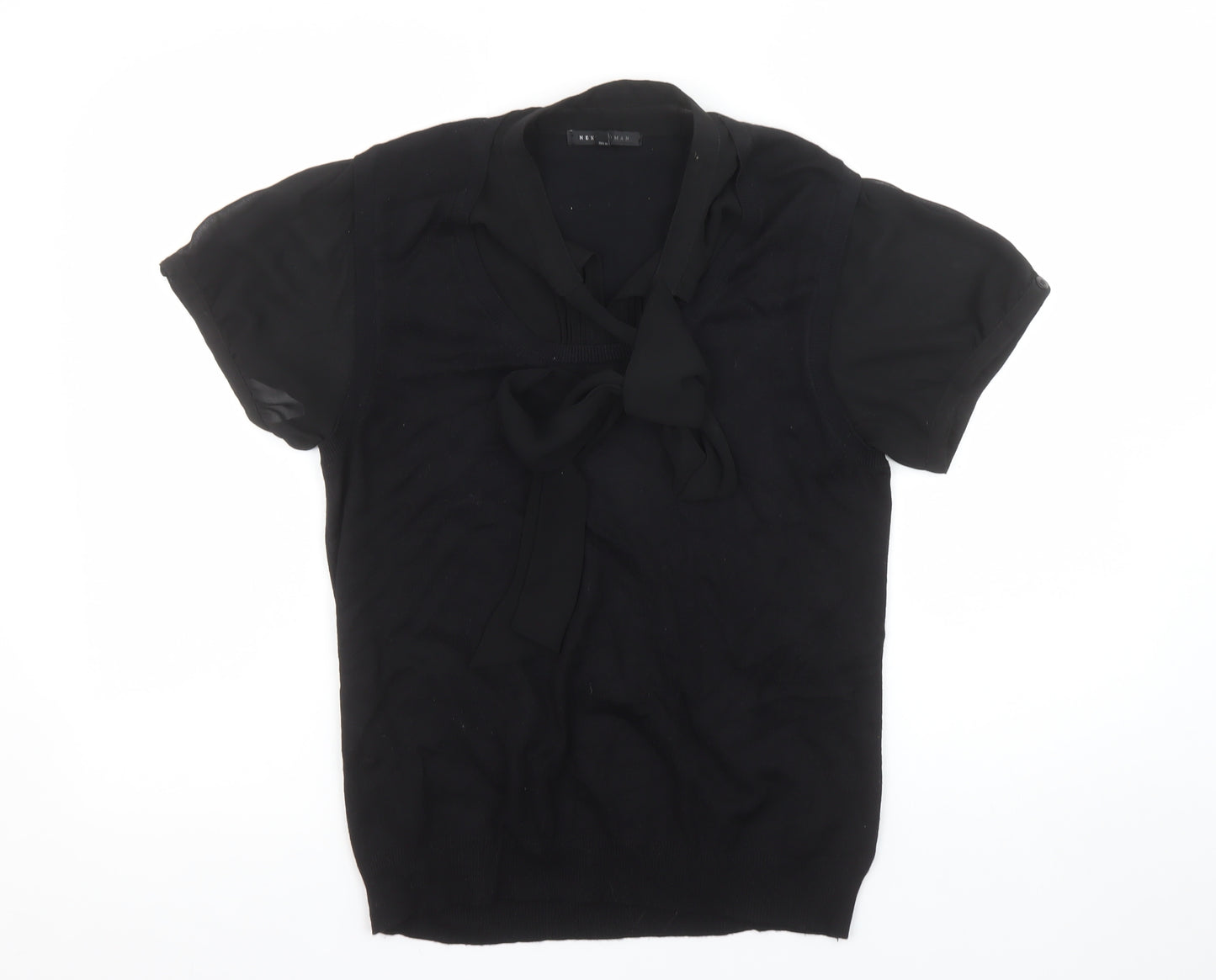 Next Women Black Short Sleeve Bow Collar Blouse Size 18