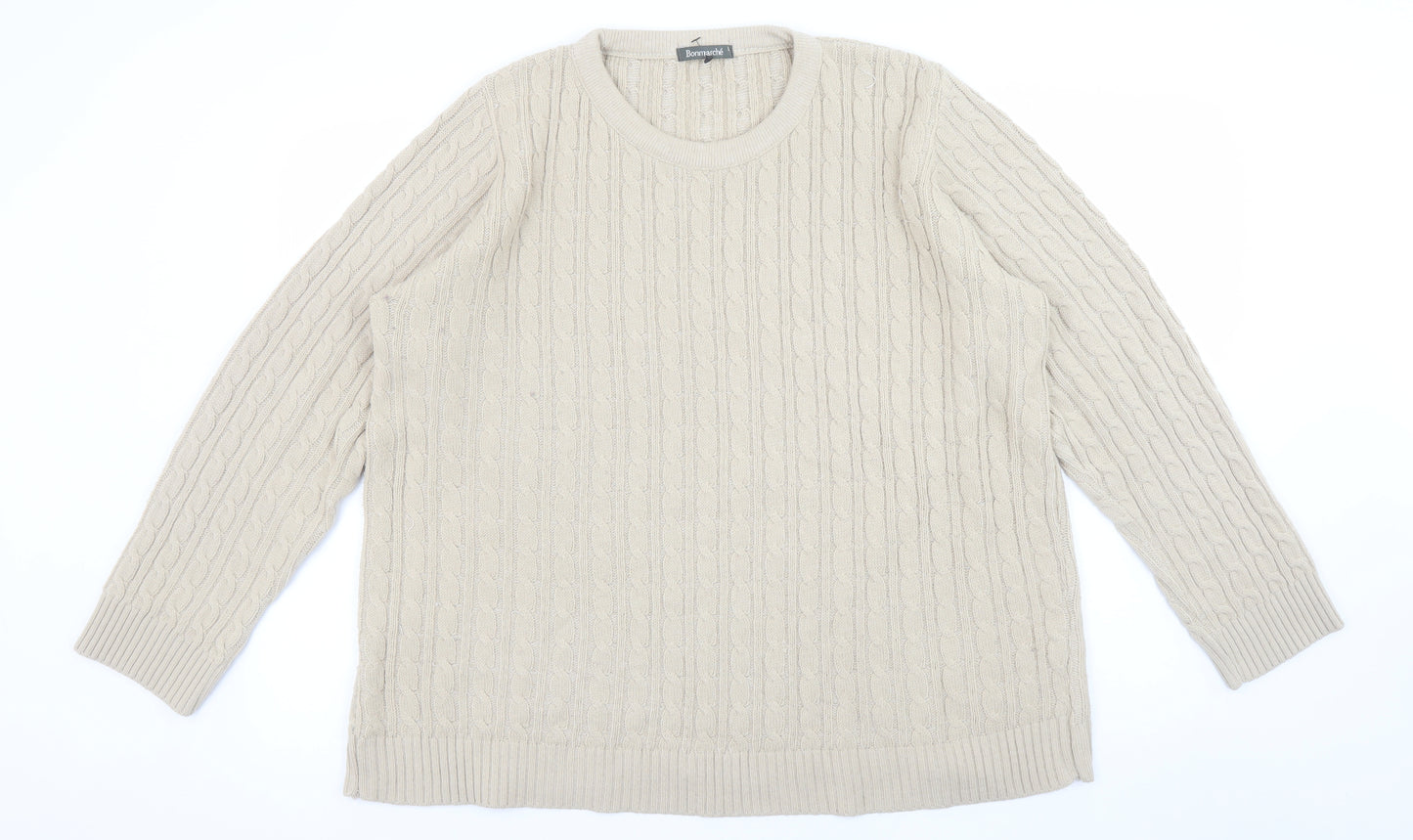 Bonmarché Womens Beige Cable Knit Jumper L Crew Neck Long Sleeve