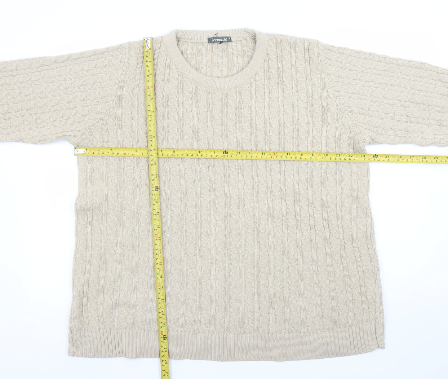 Bonmarché Womens Beige Cable Knit Jumper L Crew Neck Long Sleeve