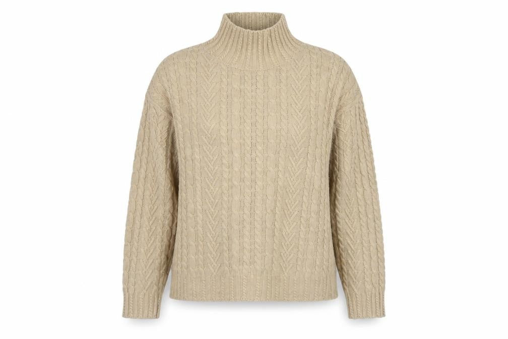 Front view of Marks & Spencer women’s beige cable-knit roll neck jumper l