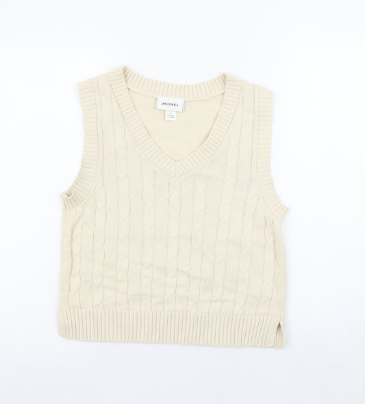 Monki Women’s Beige Cable Knit Cotton Sleeveless V-Neck Vest Jumper Size S