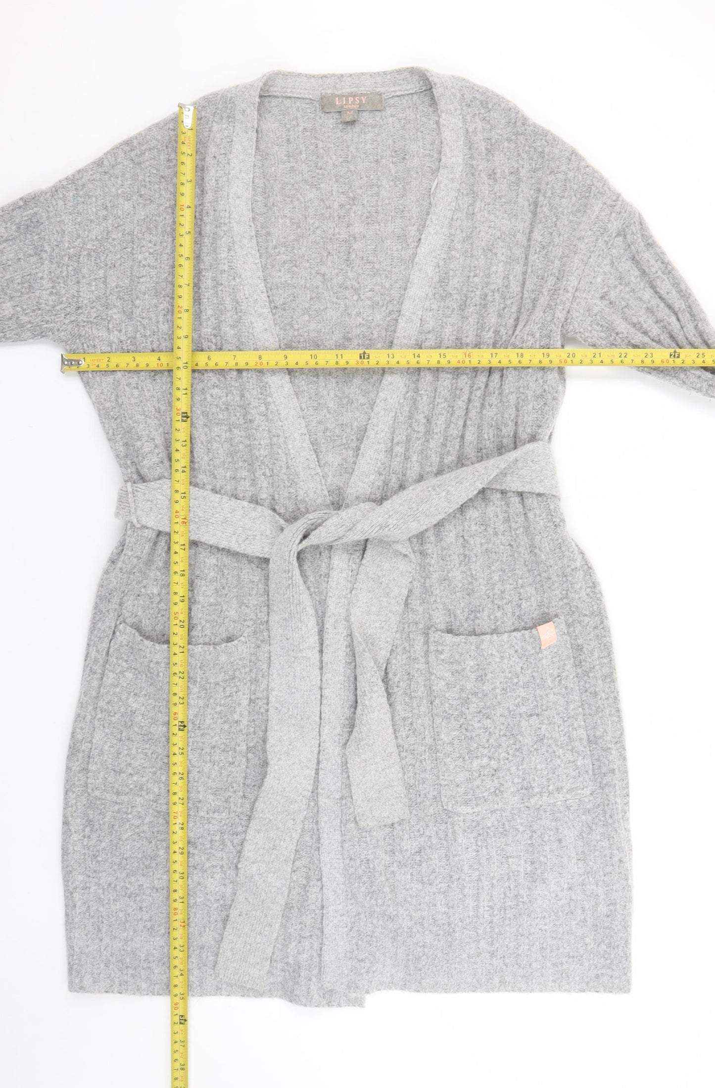 Lipsy Women’s Grey Ribbed Belted Longline Cardigan Size M