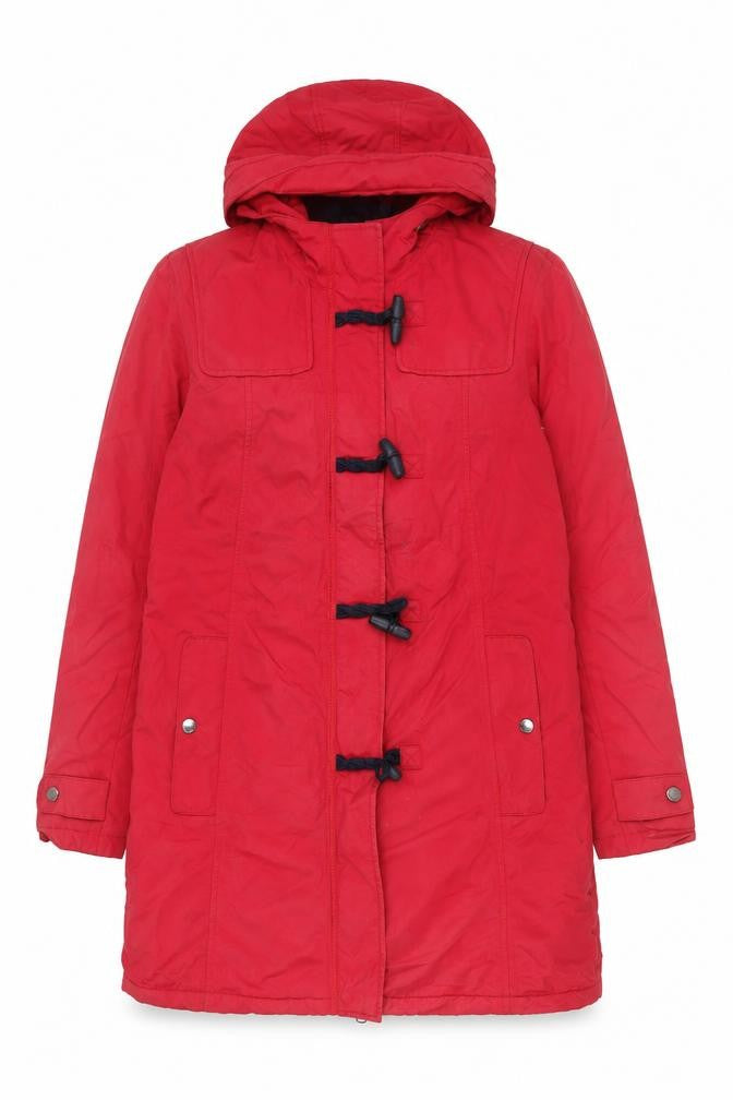 Front view of Lands' End Women Red Mid-Length Hooded Duffle Coat, size M