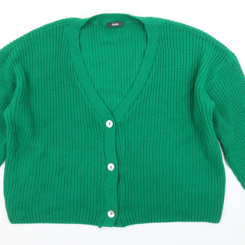 Studio Women's Green Chunky Knit V-Neck Cardigan Size 16/18