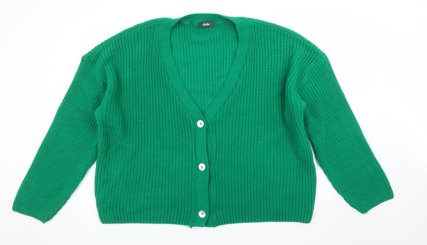 Studio Women's Green Chunky Knit V-Neck Cardigan Size 16/18