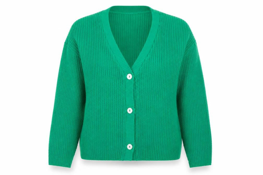 Front view of Studio Women's Green Chunky Knit V-Neck Cardigan, size 16/18