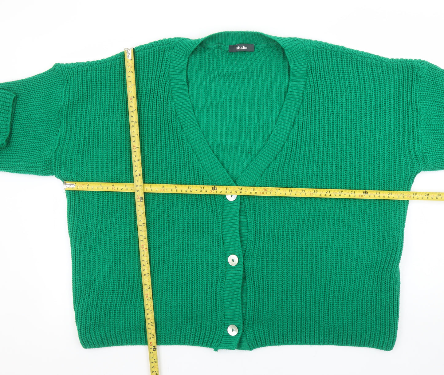 Studio Women's Green Chunky Knit V-Neck Cardigan Size 16/18