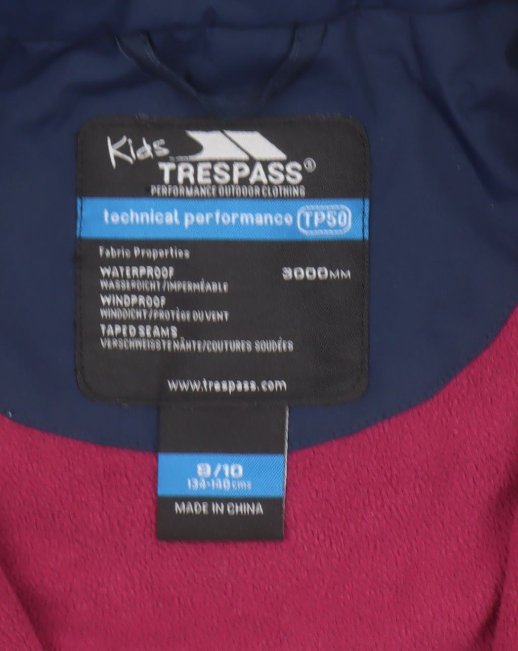 Trespass Boys Blue Waterproof Hooded Parka Jacket 9-10 Years