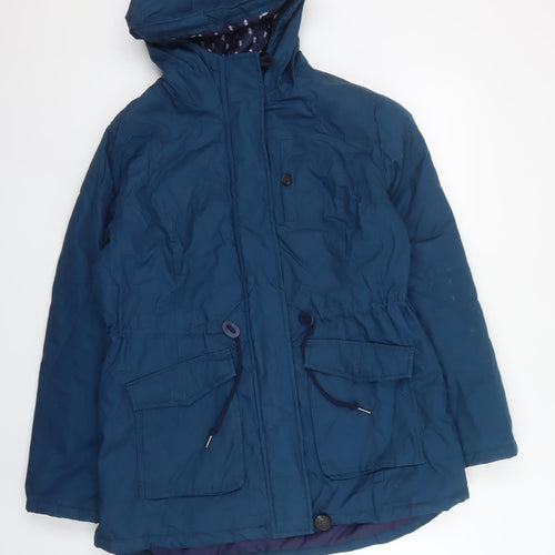 George Women Blue Parka Jacket Size 12 Hooded Mid-Length Cotton Blend