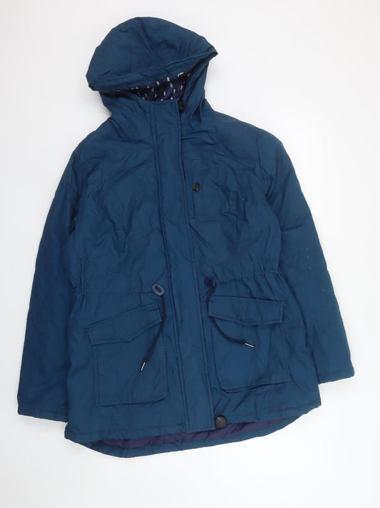George Women Blue Parka Jacket Size 12 Hooded Mid-Length Cotton Blend