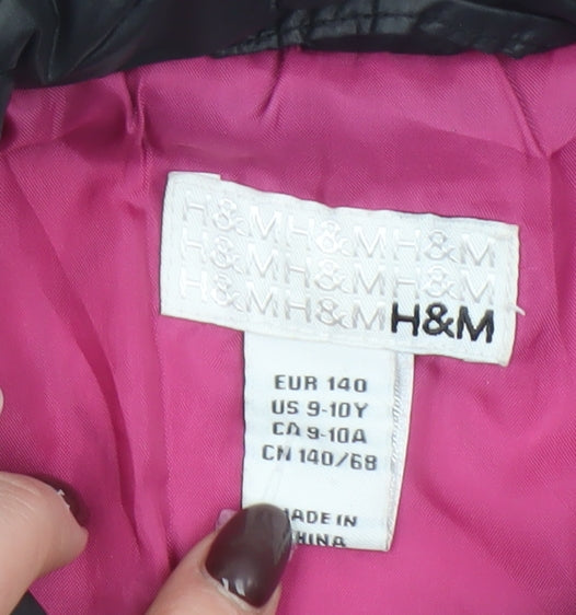 H&M Girls Black Quilted Mid-Length Jacket 9-10 Years Lined Padded Coat