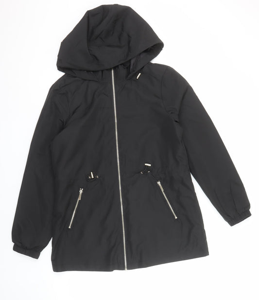 Classic Womens Black Hooded Anorak Jacket Size 12 Mid-Length Polyester