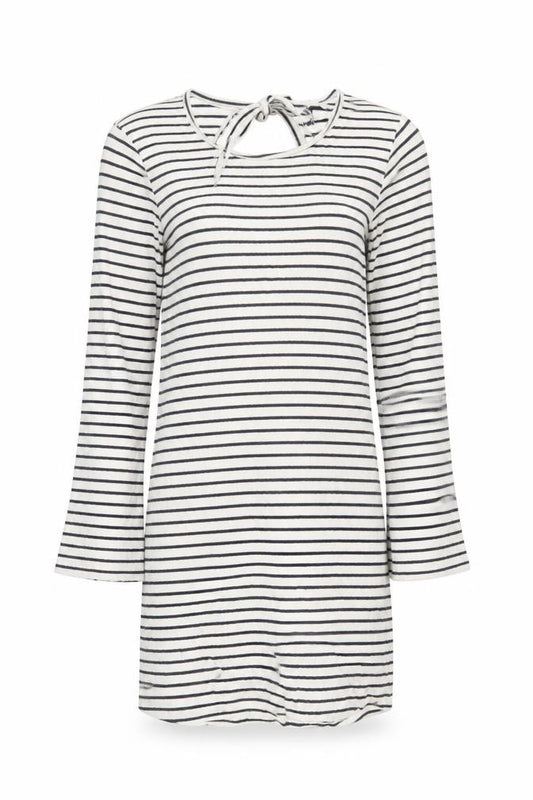 Front view of New Look women’s white striped t-shirt dress, size UK 12