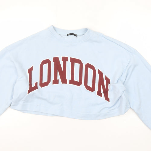 ZARA Women Blue Cropped Pullover Sweatshirt London Logo Size S
