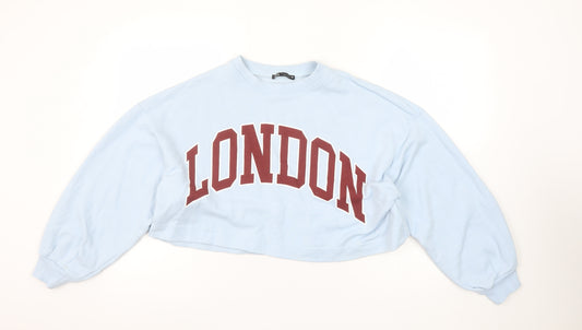 ZARA Women Blue Cropped Pullover Sweatshirt London Logo Size S