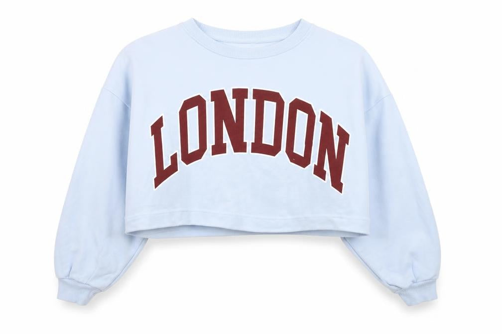 Front view of Zara Women Blue Cropped Pullover Sweatshirt London Logo, size S