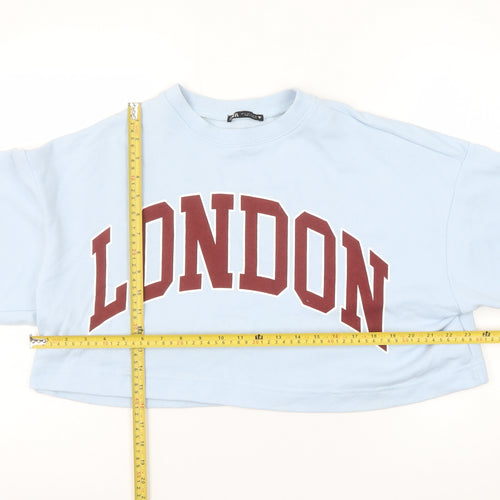 ZARA Women Blue Cropped Pullover Sweatshirt London Logo Size S