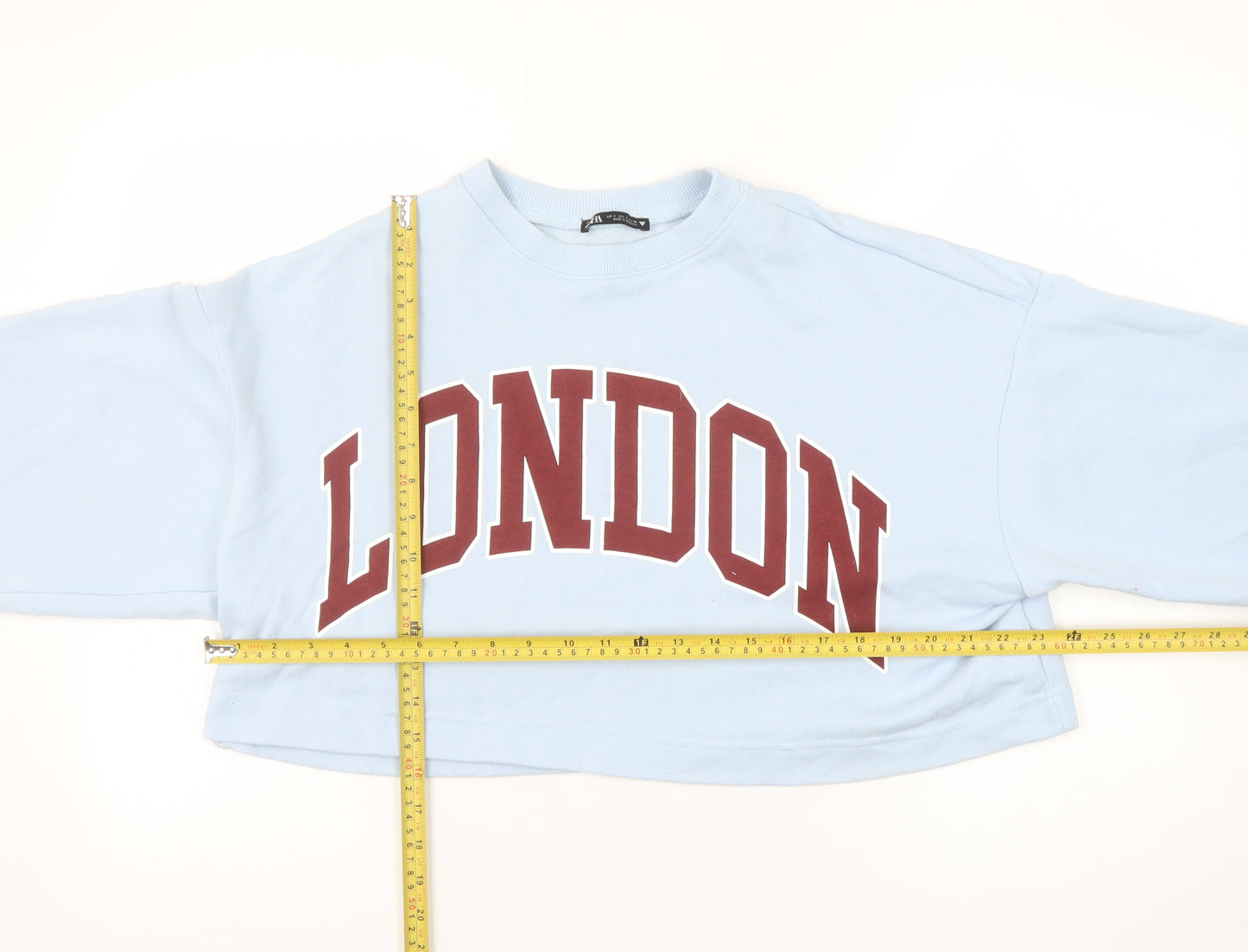ZARA Women Blue Cropped Pullover Sweatshirt London Logo Size S