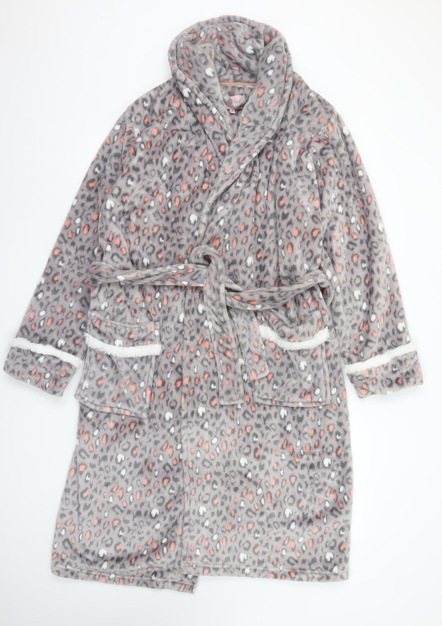 Fairy Dust Womens Grey Animal Print Fleece Belted Robe M