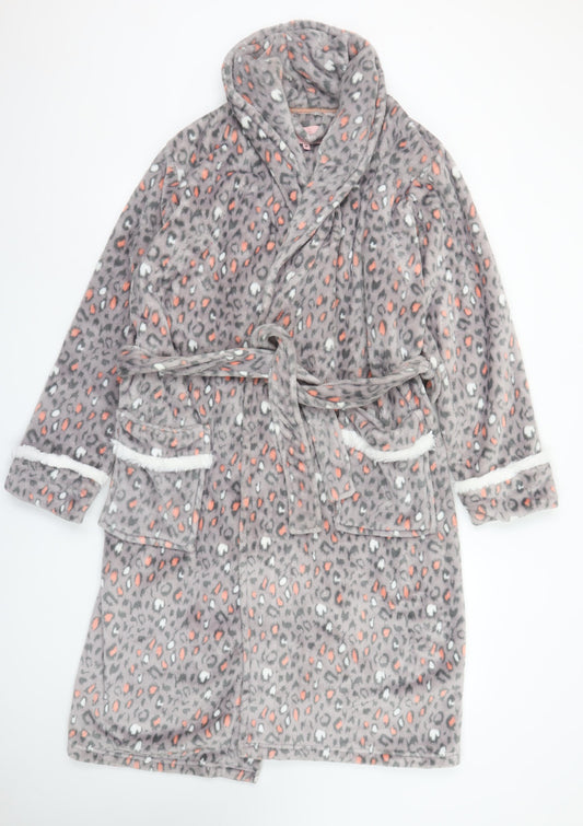 Fairy Dust Womens Grey Animal Print Fleece Belted Robe M