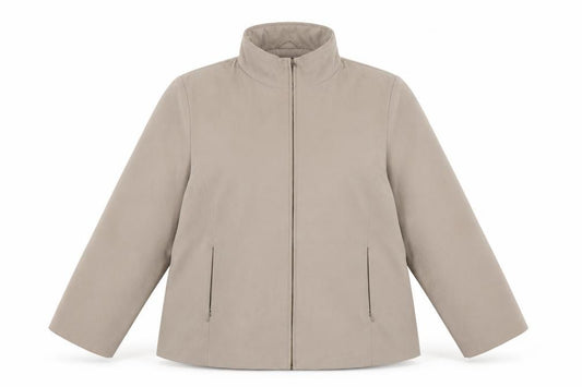 Front view of Ellie Louise Women's Beige Zip-Up Mid-Length Casual Jacket, size 18