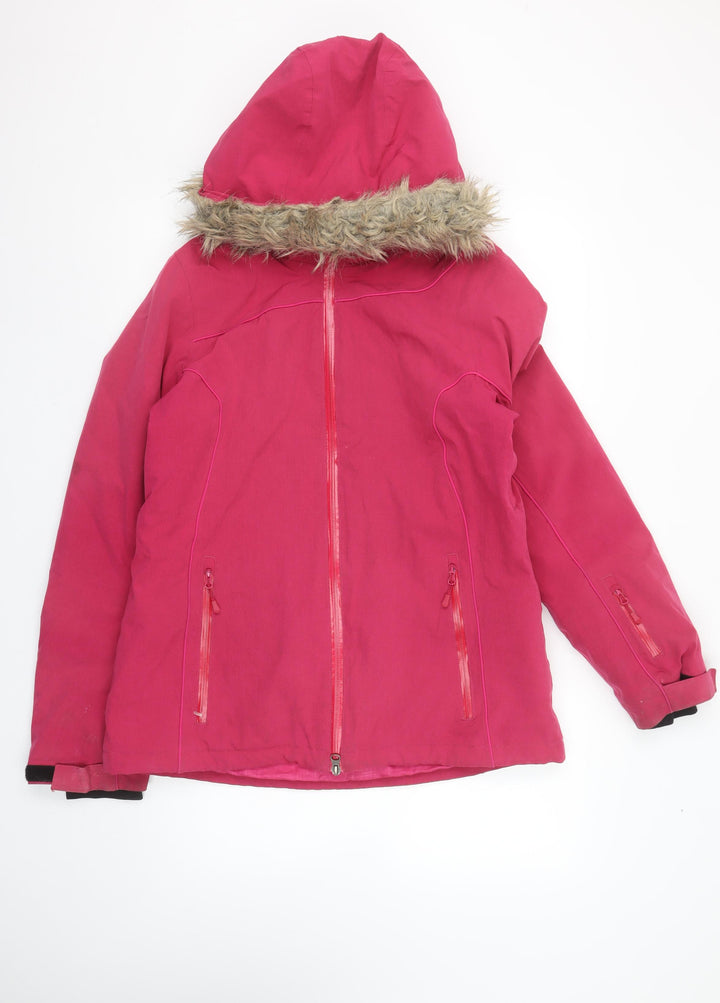 Crane Ski Pro Women's Pink Hooded Ski Jacket Size 12-14 Faux Fur Trim Waterproof