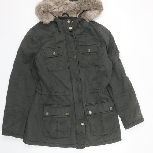 FatFace Women's Green Cotton Parka Coat Size 12 Faux Fur Hood