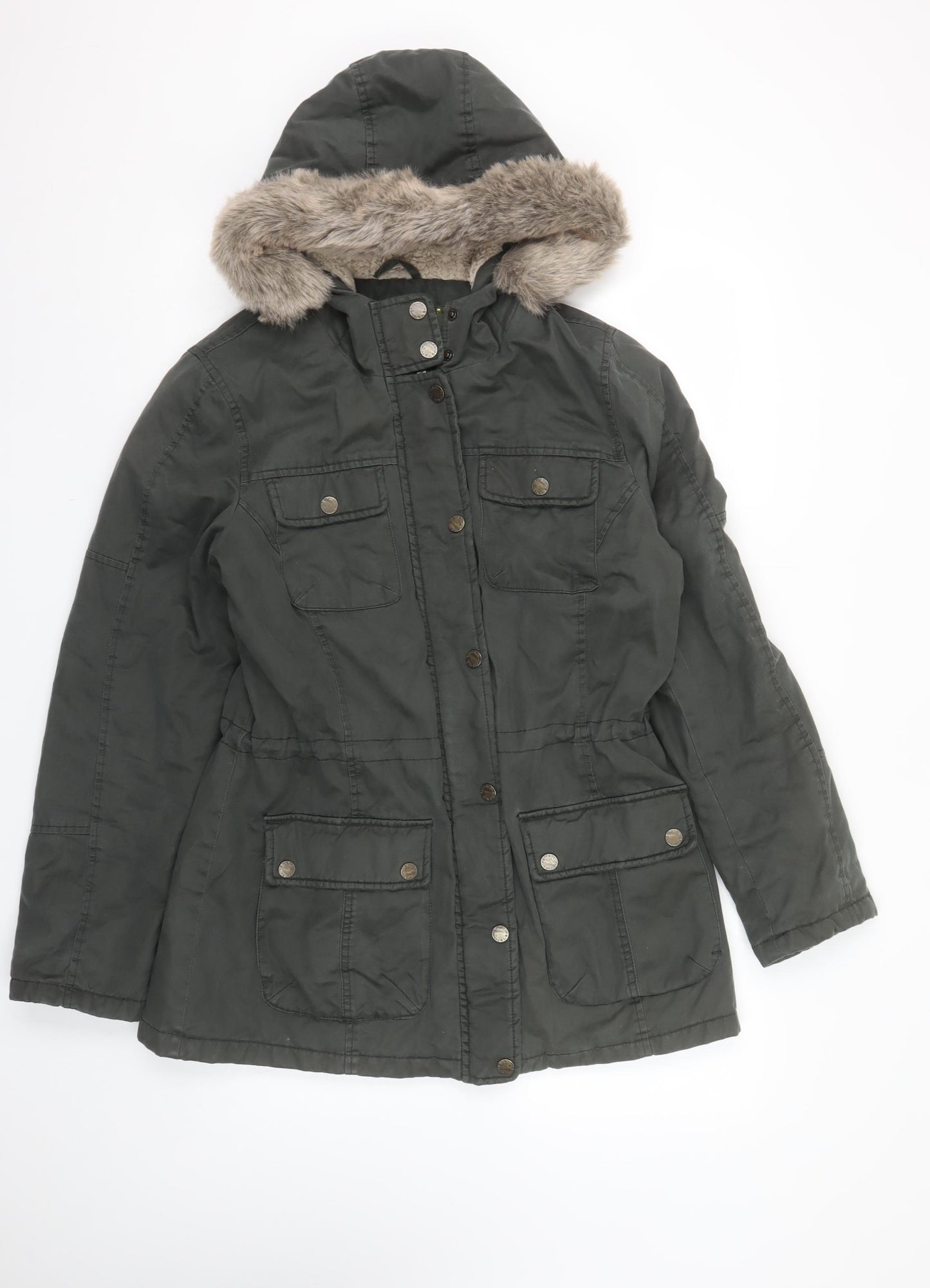 FatFace Women's Green Cotton Parka Coat Size 12 Faux Fur Hood