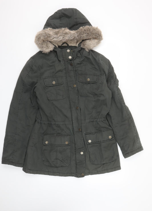 FatFace Women's Green Cotton Parka Coat Size 12 Faux Fur Hood