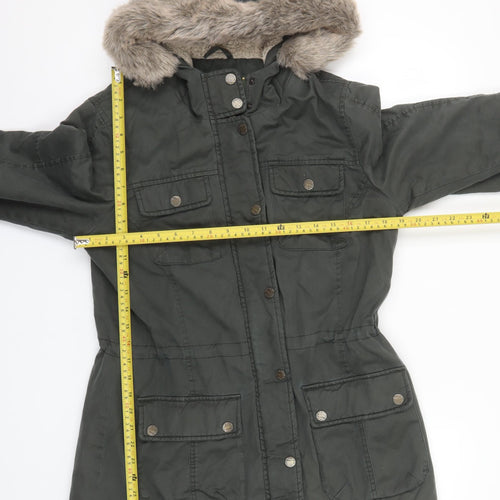 FatFace Women's Green Cotton Parka Coat Size 12 Faux Fur Hood