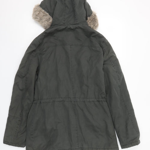 FatFace Women's Green Cotton Parka Coat Size 12 Faux Fur Hood